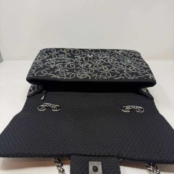 CHANEL Rare Jumbo Classic Flap Bag Black CC Beaded Tweed Silver Hardware