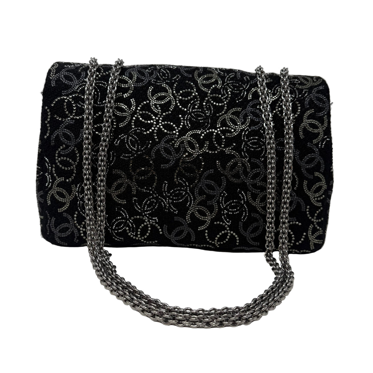 CHANEL Rare Jumbo Classic Flap Bag Black CC Beaded Tweed Silver Hardware
