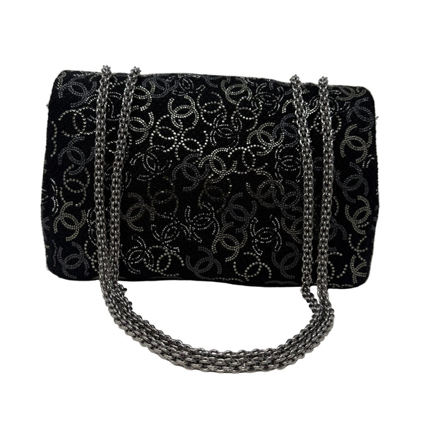 CHANEL Rare Jumbo Classic Flap Bag Black CC Beaded Tweed Silver Hardware