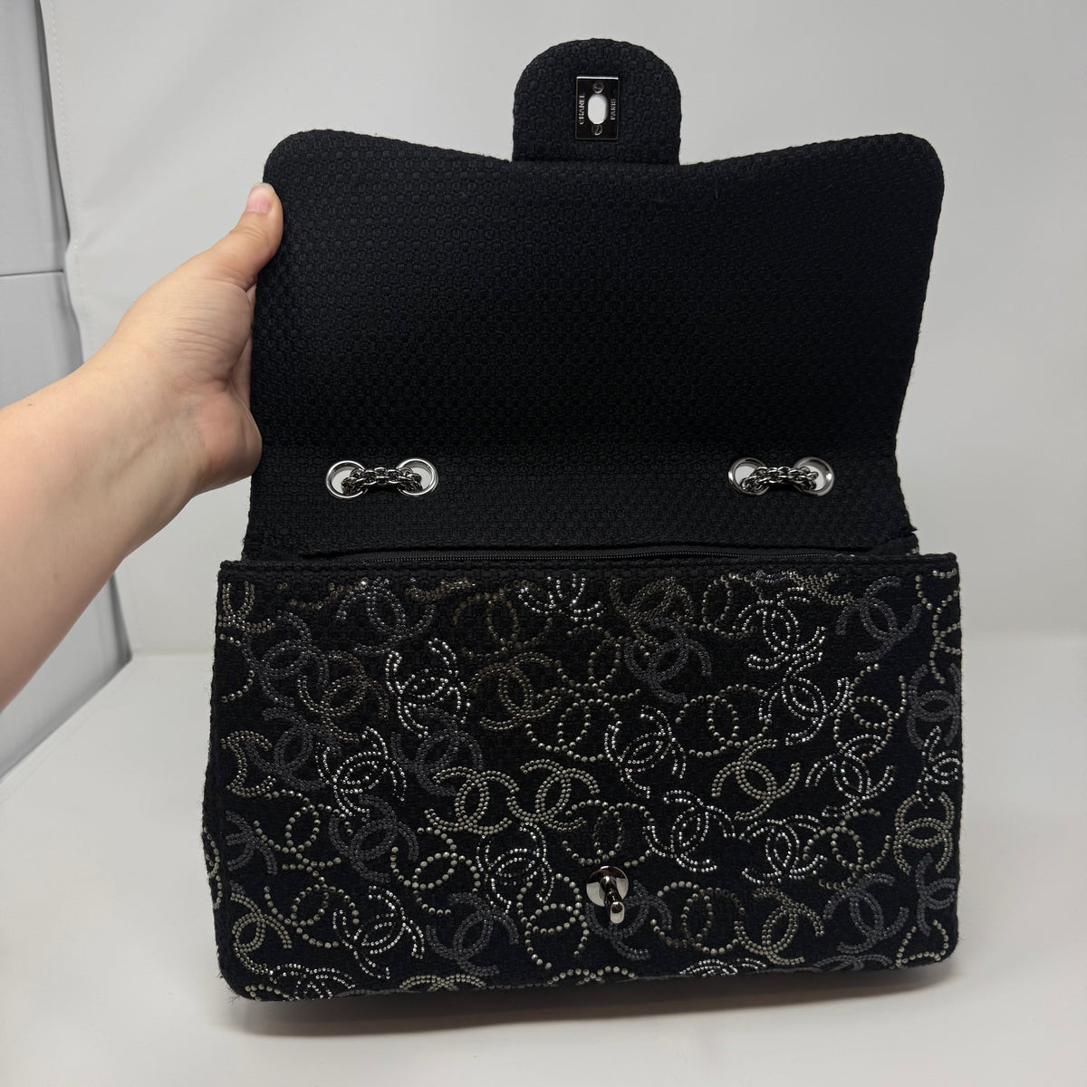 CHANEL Rare Jumbo Classic Flap Bag Black CC Beaded Tweed Silver Hardware