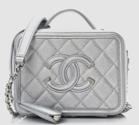 CHANEL Metallic Silver Caviar Quilted CC Filigree Vanity Case