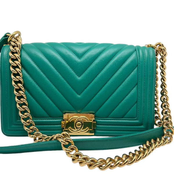Chanel Medium Green Boy Bag Chevron Lambskin Gold Hardware