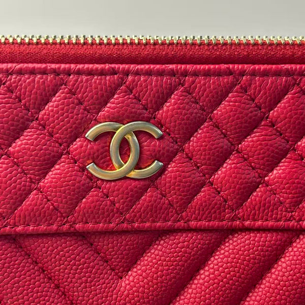 CHANEL Caviar Chevron Quilted Large Cosmetic Case Red