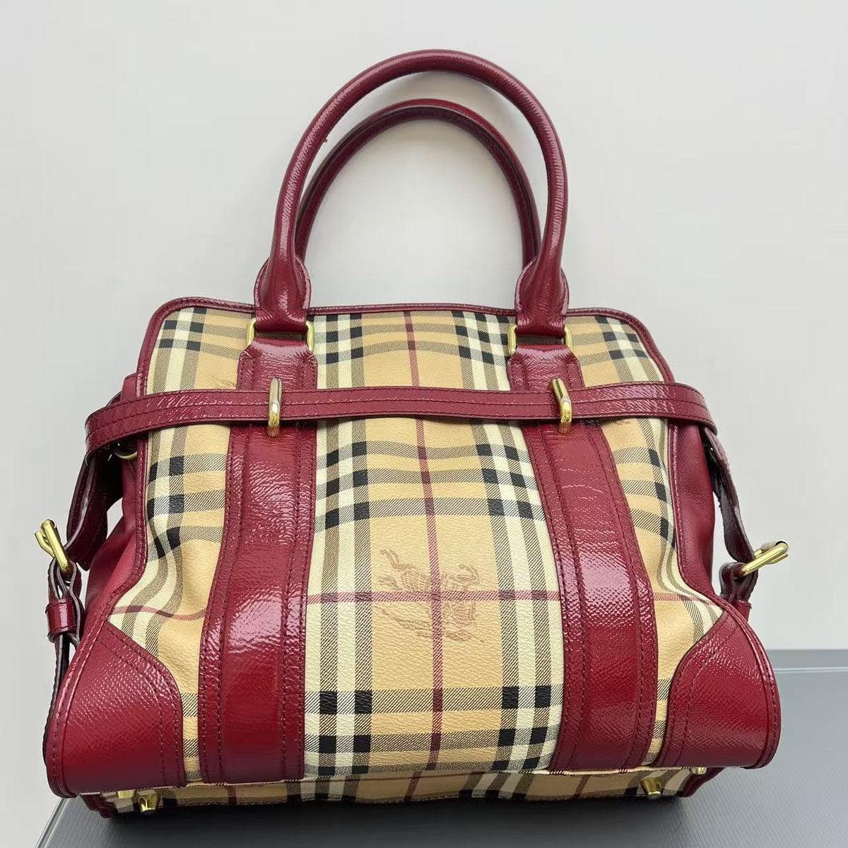 Bubeery Red Patent Leather Check Coated Canvas Tote Bag