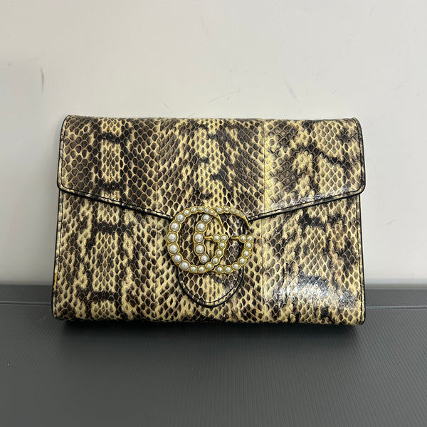 Gucci Pearly GG Marmont Chain Wallet Snakeskin Mini Brown