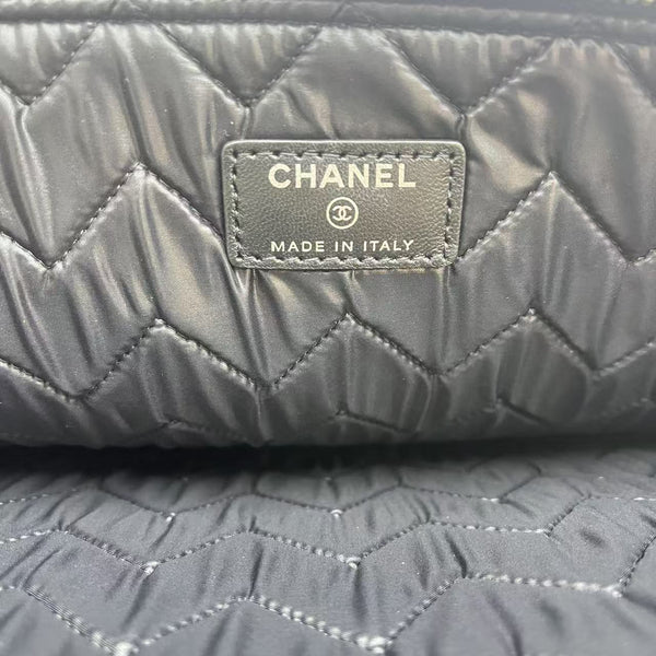 Chanel Black Chevron Quilted Crinkled Patent Leather O-Case Zip Pouch