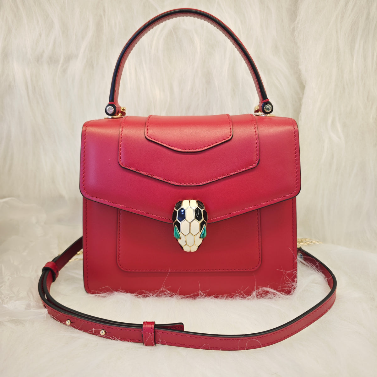 Bvlgari Red Leather Serpenti Forever Flap Top Handle Bag