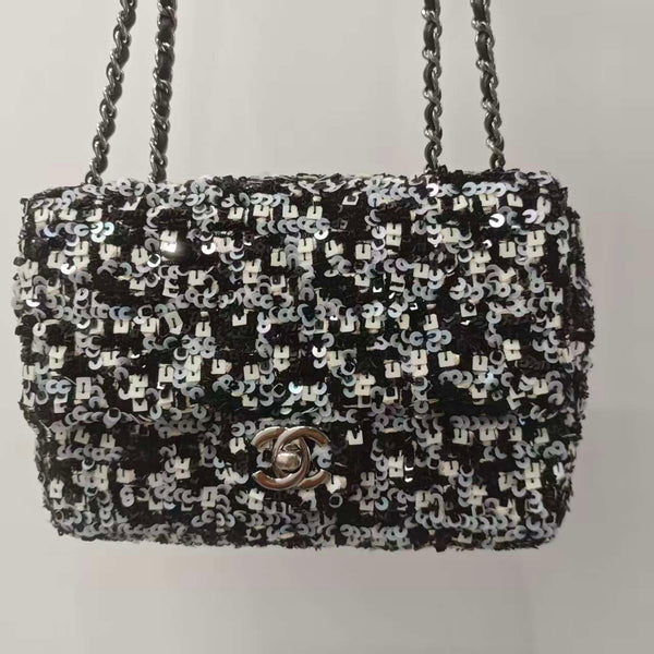 CHANEL Sequin Lambskin Mini Flap Silver Black