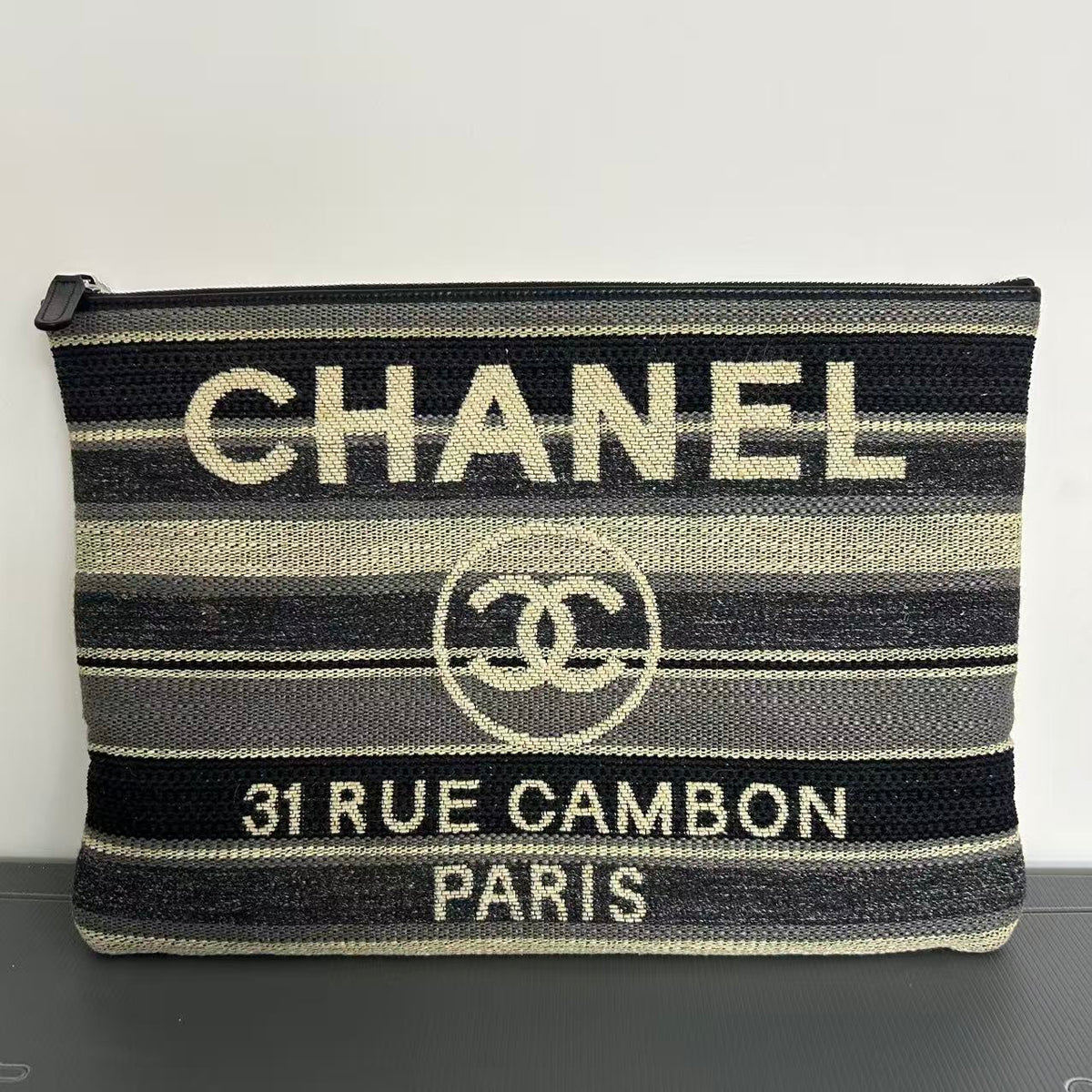 CHANEL Striped Canvas Large Deauville Pouch Clutch Black
