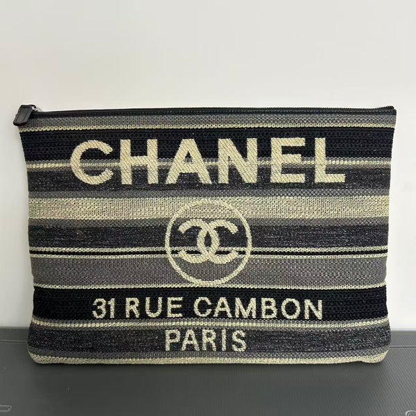 CHANEL Striped Canvas Large Deauville Pouch Clutch Black