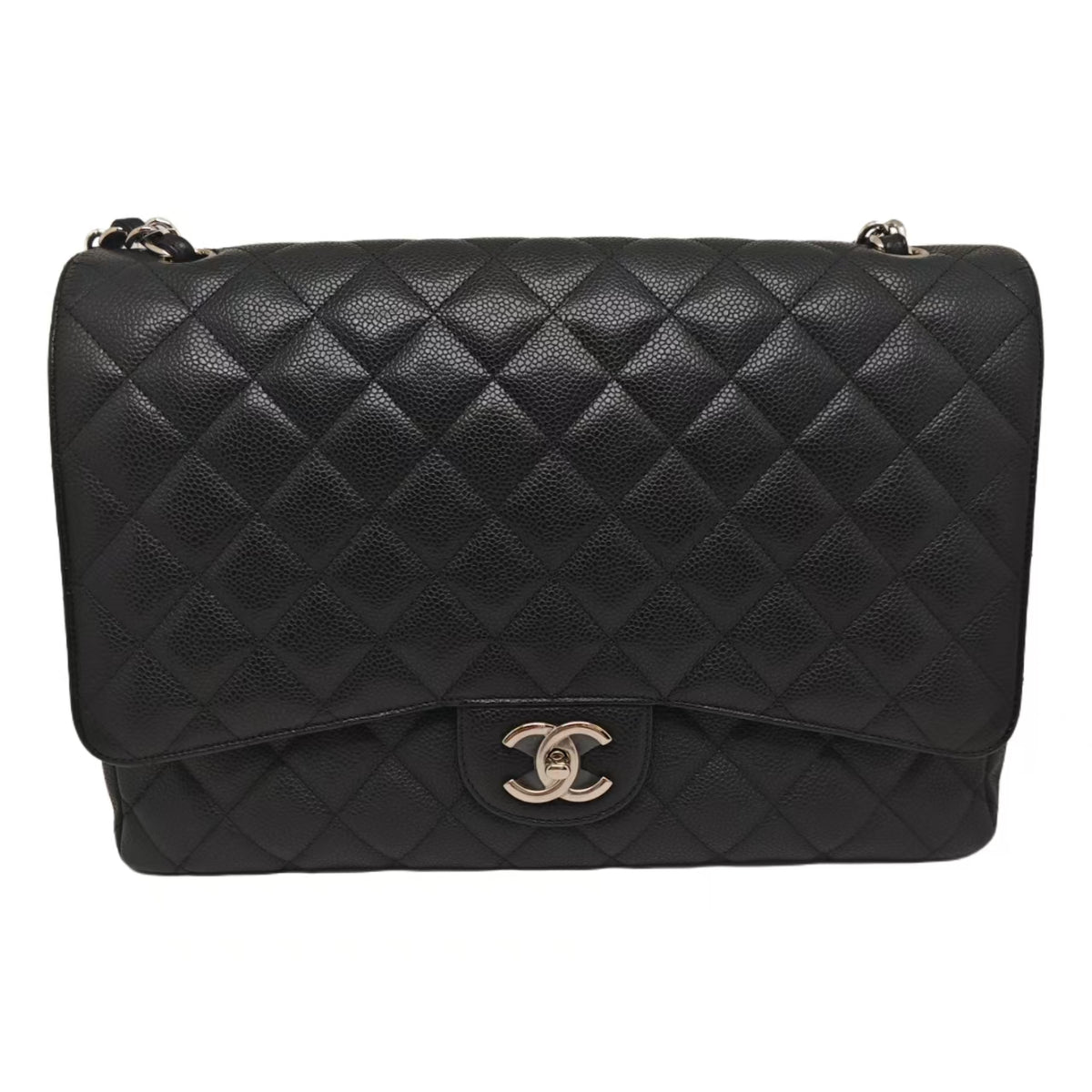 Chanel Maxi Classic Double Flap Bag Black Caviar Silver Hardware