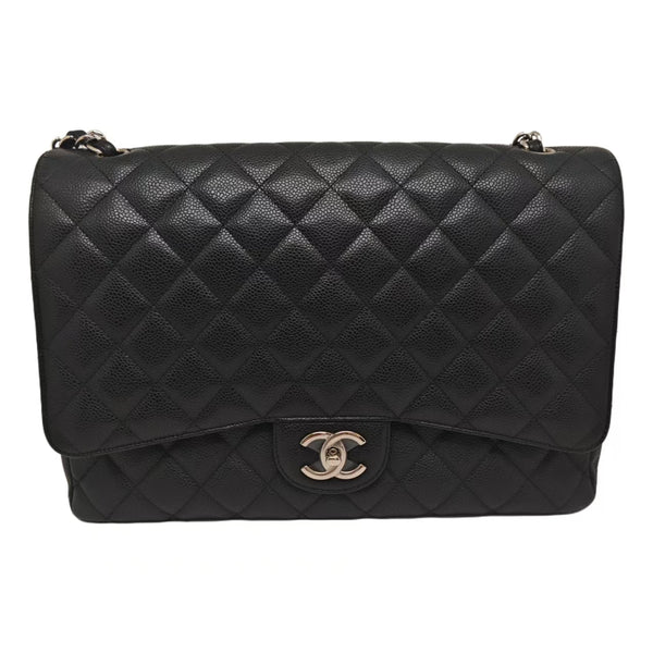 Chanel Maxi Classic Double Flap Bag Black Caviar Silver Hardware