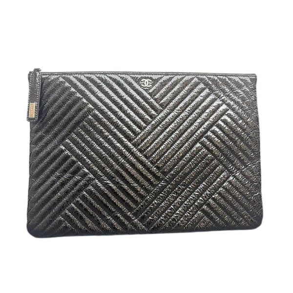 Chanel Black Chevron Quilted Crinkled Patent Leather O-Case Zip Pouch