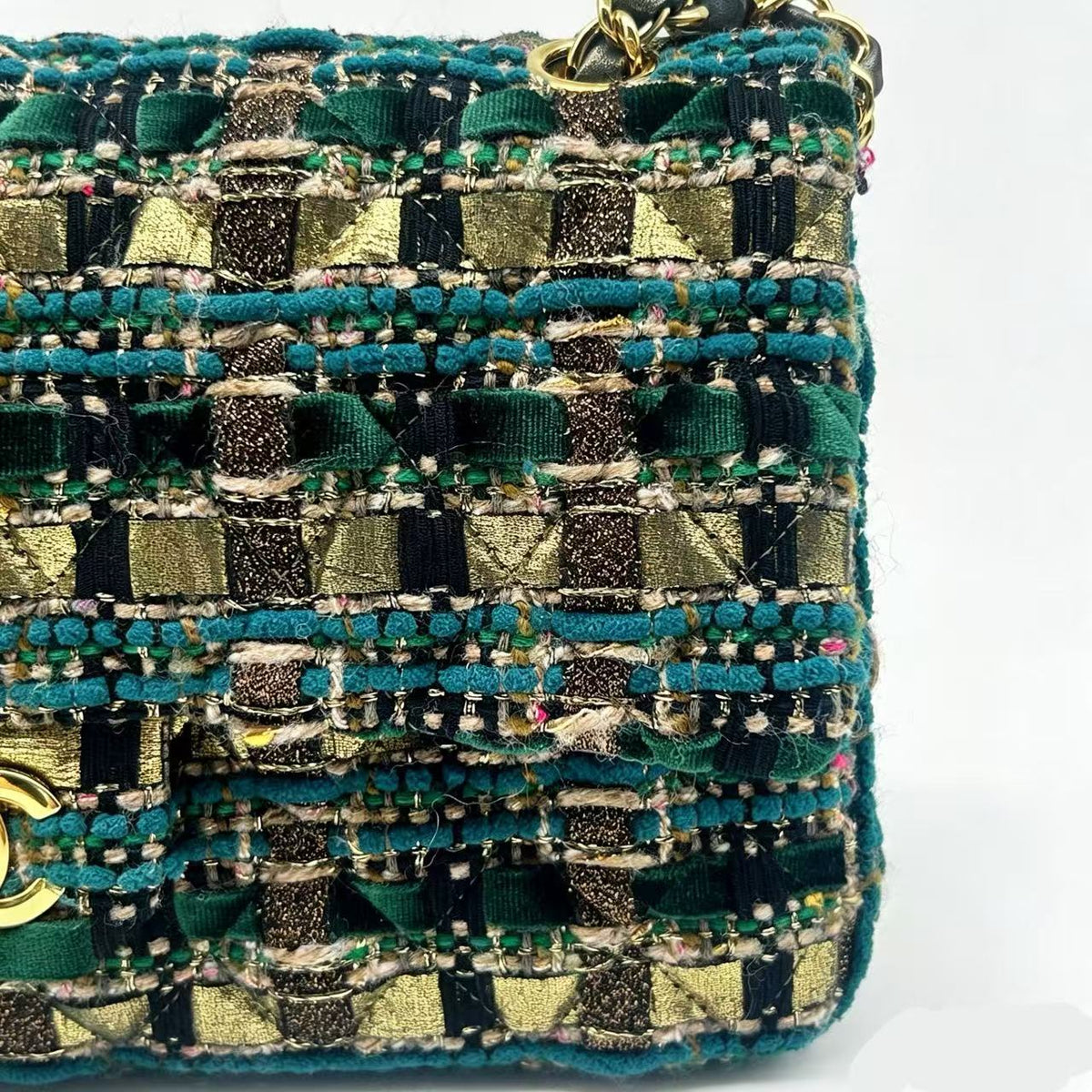 Chanel 19A Ancient Egypt Gold Green Tweed  Classic Double Flap Bag