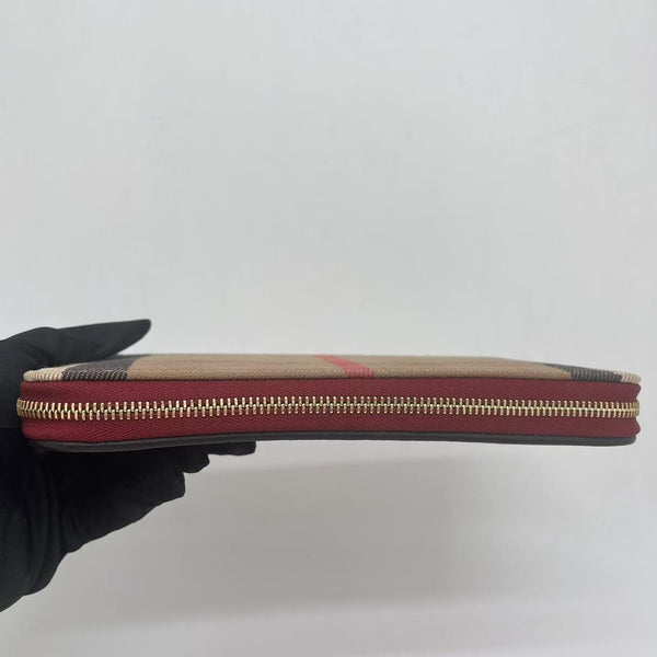 BURBERRY Red Leather House Check Coated Canvas Wallet