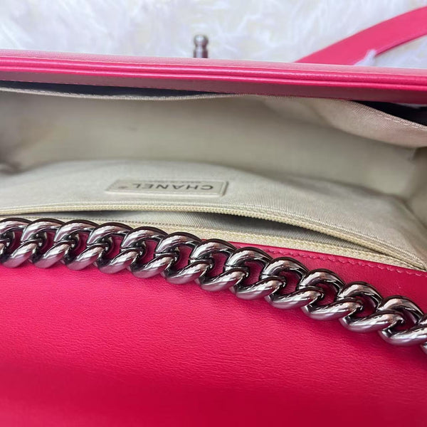 Chanel Red Pink Lambskin Leather Chevron Boy Bag