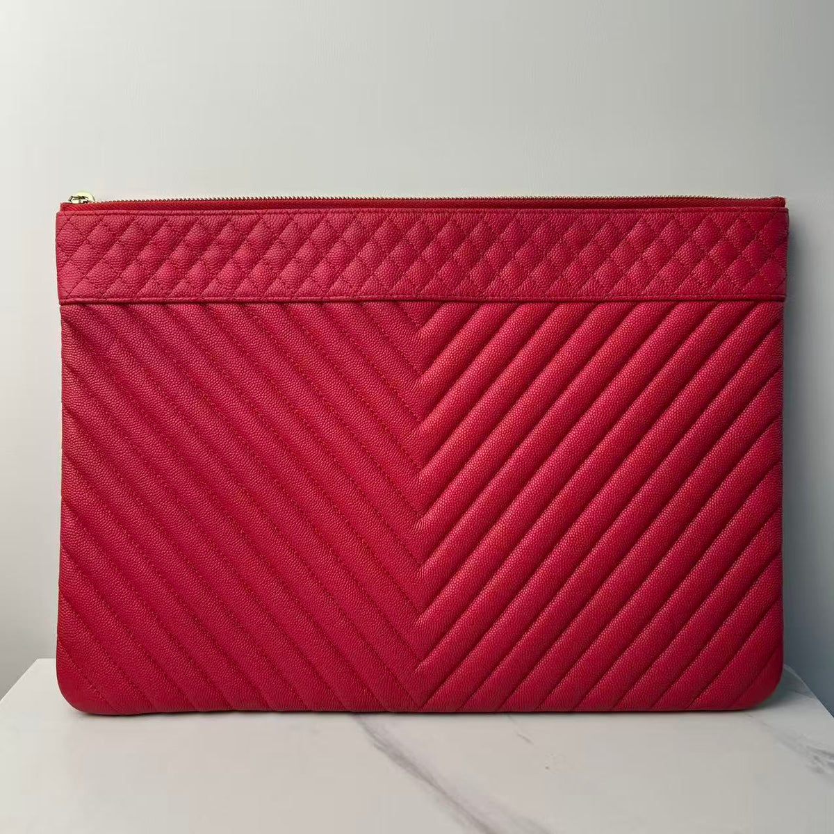 CHANEL Caviar Chevron Quilted Large Cosmetic Case Red