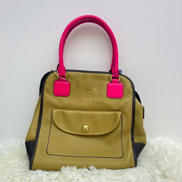 Loewe Vintage Golden Brown Handbag With Hot Pink Strap