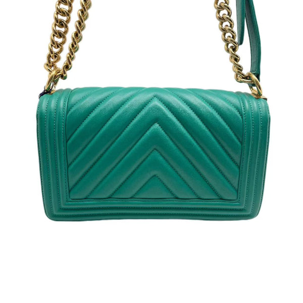 Chanel Medium Green Boy Bag Chevron Lambskin Gold Hardware