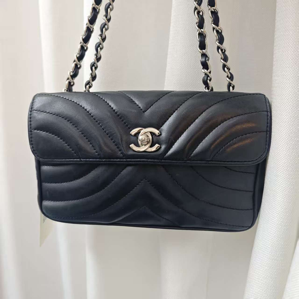 Chanel Black Lambskin Chevron Flap Bag