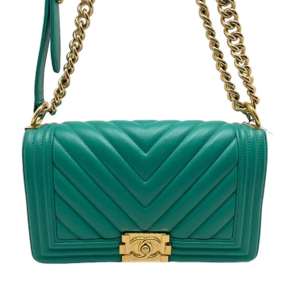 Chanel Medium Green Boy Bag Chevron Lambskin Gold Hardware