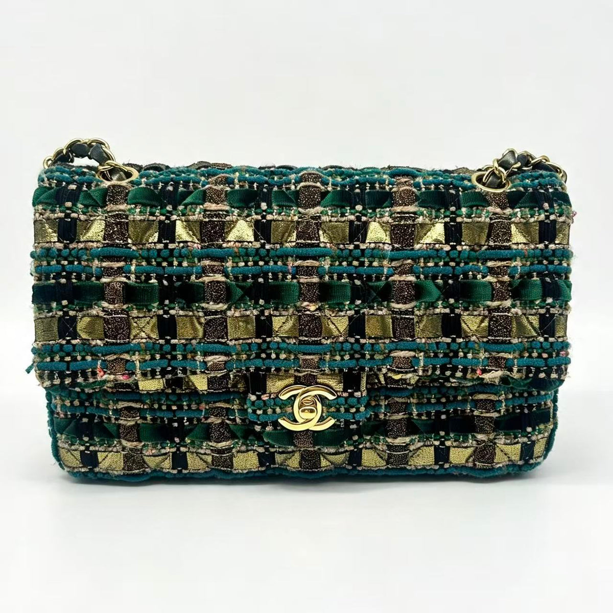 Chanel 19A Ancient Egypt Gold Green Tweed  Classic Double Flap Bag