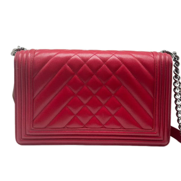 Chanel Red Pink Lambskin Leather Chevron Boy Bag
