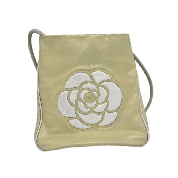 Chanel White Camellia & Beige Lambskin Leather Tote Bag