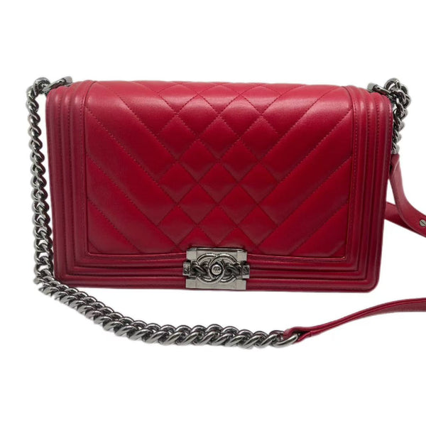 Chanel Red Pink Lambskin Leather Chevron Boy Bag