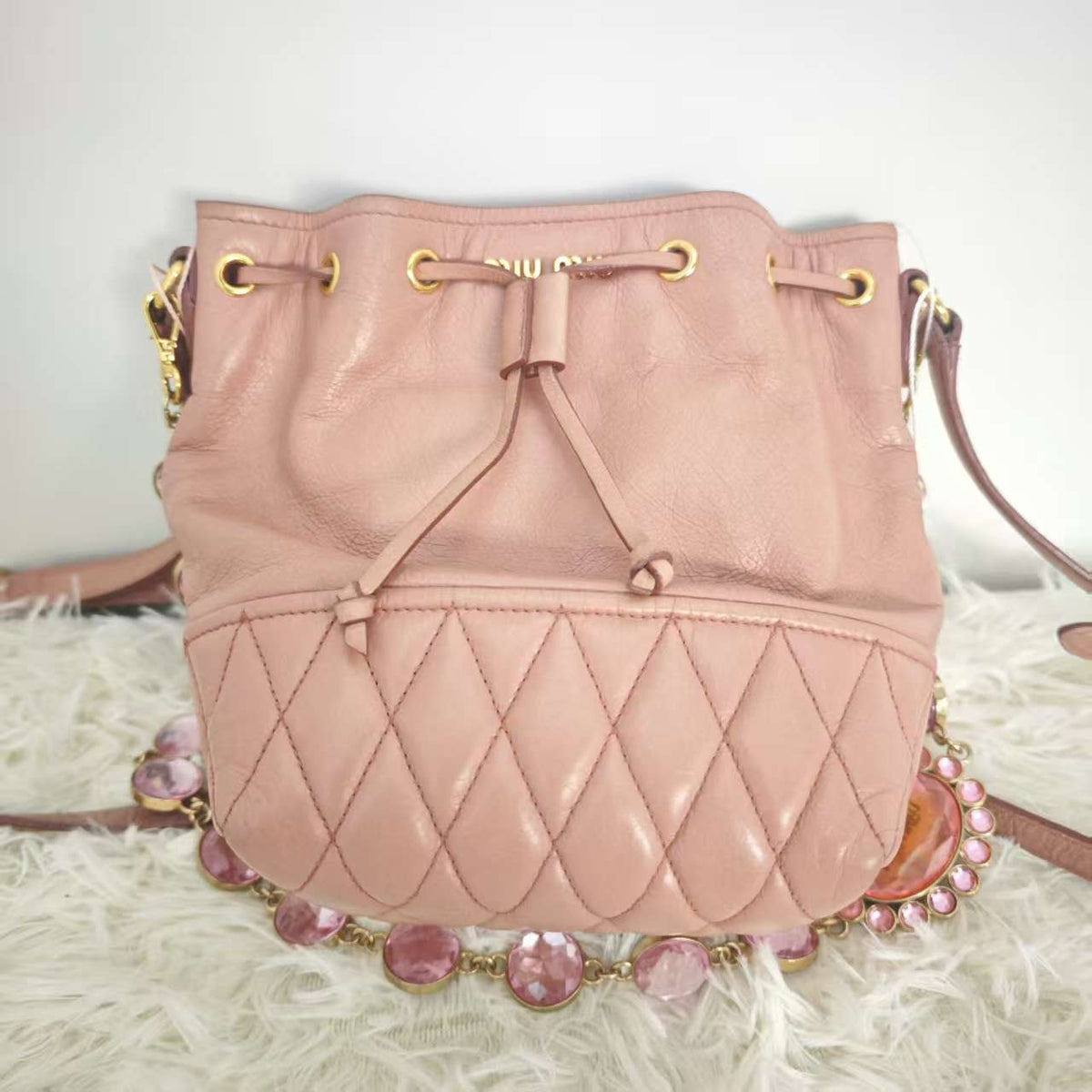 Miu Miu Beige Leather Crystal Drawstring Bucket Bag