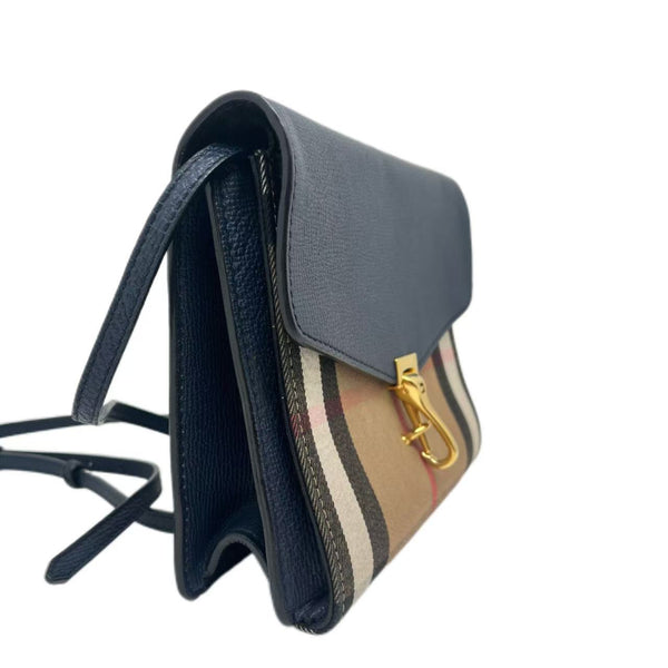 BURBERRY House Check Canvas Ink Blue Leather Small Macken Crossbody Bag