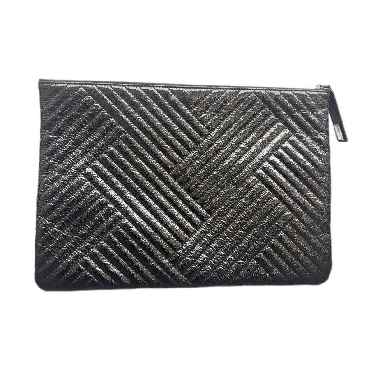 Chanel Black Chevron Quilted Crinkled Patent Leather O-Case Zip Pouch
