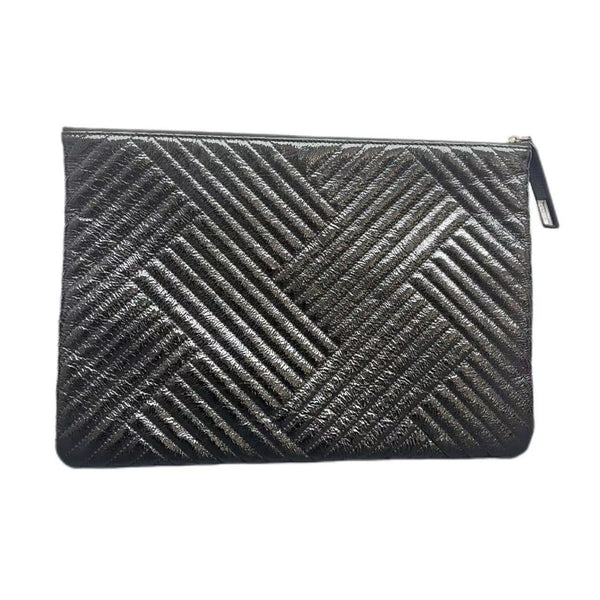 Chanel Black Chevron Quilted Crinkled Patent Leather O-Case Zip Pouch